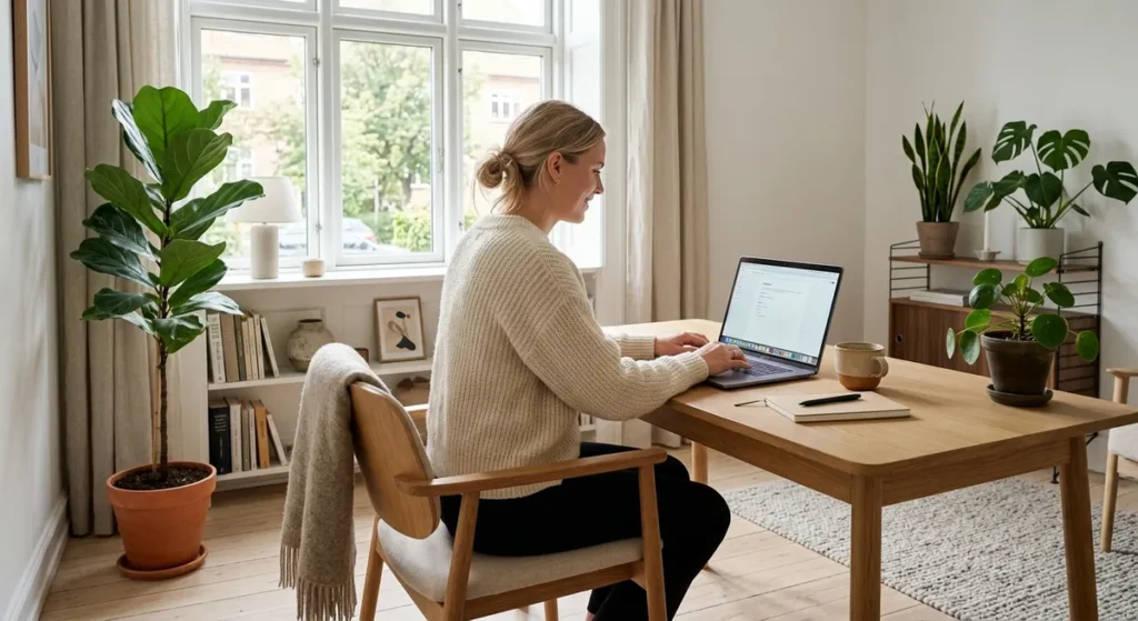 Person der sidder ved et lyst skandinavisk skrivebord og arbejder på sin bærbare computer.
